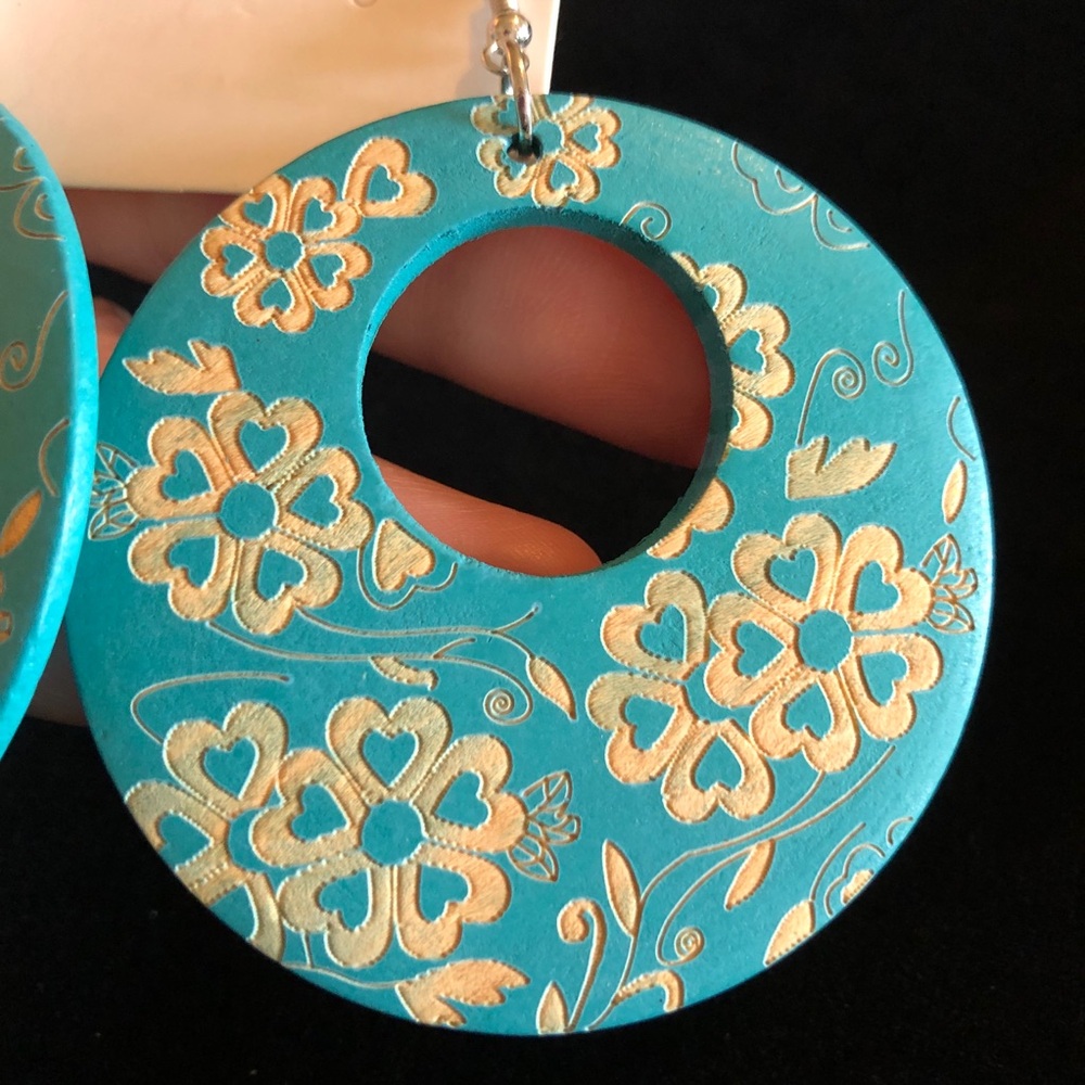 Floral Teal Blue and Tan Round Wooden Earrings - Picture 3 of 7